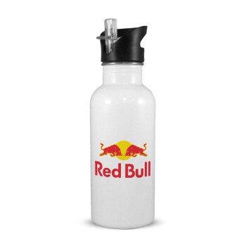 Redbull, White water bottle with straw, stainless steel 600ml
