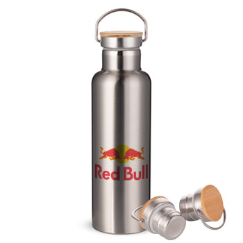 Redbull, Μεταλλικό παγούρι θερμός (Stainless steel) Ασημένιο με ξύλινο καπακι (bamboo), διπλού τοιχώματος, 750ml