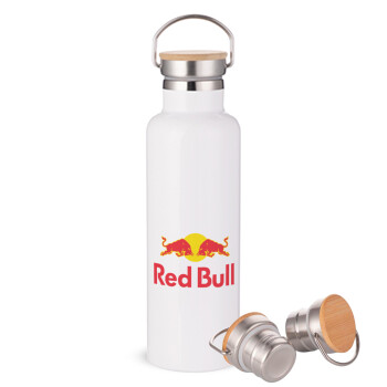 Redbull, Μεταλλικό παγούρι θερμός (Stainless steel) Λευκό με ξύλινο καπακι (bamboo), διπλού τοιχώματος, 750ml