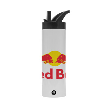 Redbull, Metallic thermos bottle with straw & handle, stainless steel (Stainless steel 304), double-walled, 600ml.