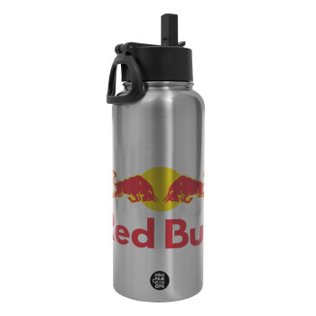 Redbull, Μεταλλικό παγούρι θερμός Silver με καλαμάκι και χερούλι (Stainless steel), διπλού τοιχώματος, 950ml