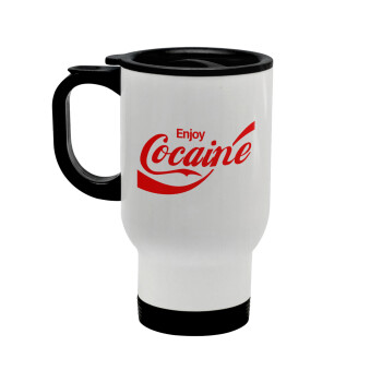 Enjoy Cocaine, Stainless steel travel mug with lid, double wall white 450ml