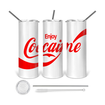 Enjoy Cocaine, 360 Eco friendly ποτήρι θερμό (tumbler) από ανοξείδωτο ατσάλι 600ml, με μεταλλικό καλαμάκι & βούρτσα καθαρισμού