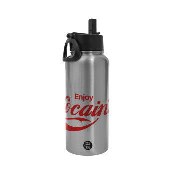 Enjoy Cocaine, Metal mug thermo Silver with Straw and Spout Lid (Stainless steel), double wall, 950ml