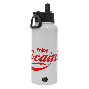 Enjoy Cocaine, Metal mug thermo White with Straw and Spout Lid (Stainless steel), double wall, 950ml