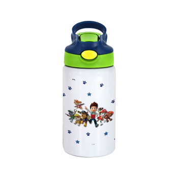 paw patrol, Children's hot water bottle, stainless steel, with safety straw, green, blue (350ml)