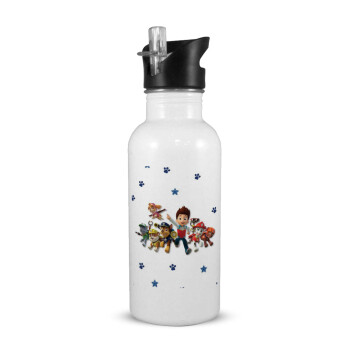 paw patrol, White water bottle with straw, stainless steel 600ml