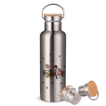 paw patrol, Stainless steel Silver with wooden lid (bamboo), double wall, 750ml