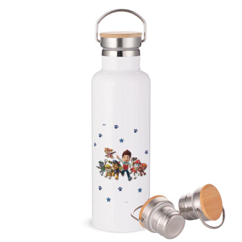 paw patrol, Stainless steel White with wooden lid (bamboo), double wall, 750ml