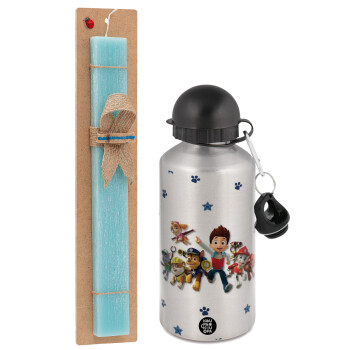 paw patrol, Easter Set, metallic silver aluminum water bottle (500ml) & scented flat Easter candle (30cm) (TURQUOISE)