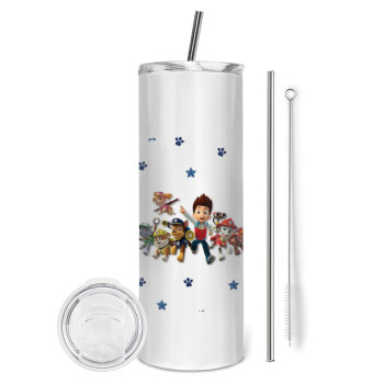 paw patrol, Eco friendly ποτήρι θερμό (tumbler) από ανοξείδωτο ατσάλι 600ml, με μεταλλικό καλαμάκι & βούρτσα καθαρισμού