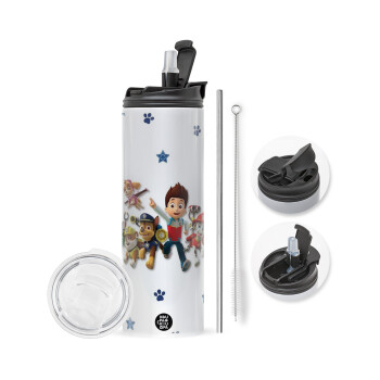 paw patrol, Travel Tumbler θερμό με διπλό καπάκι, μεταλλικό καλαμάκι και βούρτσα καθαρισμού (Ανωξείδωτο 304 Food grade, BPA free, 600ml)