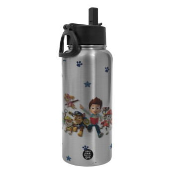 paw patrol, Metal mug thermo Silver with Straw and Spout Lid (Stainless steel), double wall, 950ml