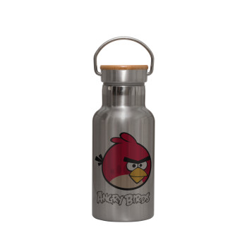 Angry birds Terence, Stainless steel metallic thermos flask, silver with a bamboo lid, double-walled, 350ml.