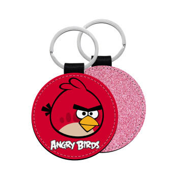 Angry birds Terence, Μπρελόκ Δερματίνη, στρογγυλό ΡΟΖ (5cm)