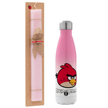 Angry birds Terence, Easter Set, Metallic pink/white (Stainless steel) thermos, double-walled, 500ml & aromatic flat Easter candle (30cm) (PINK)