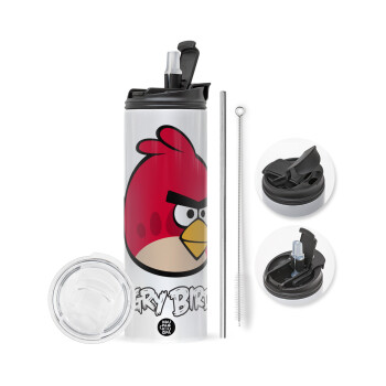 Angry birds Terence, Travel Tumbler θερμό με διπλό καπάκι, μεταλλικό καλαμάκι και βούρτσα καθαρισμού (Ανωξείδωτο 304 Food grade, BPA free, 600ml)