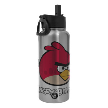 Angry birds Terence, Metal mug thermo Silver with Straw and Spout Lid (Stainless steel), double wall, 950ml