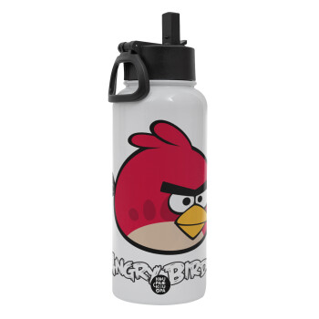 Angry birds Terence, Metal mug thermo White with Straw and Spout Lid (Stainless steel), double wall, 950ml