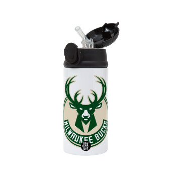 Milwaukee bucks, Children's hot water bottle, stainless steel, with safety straw, Black (360ml) BPA-FREE