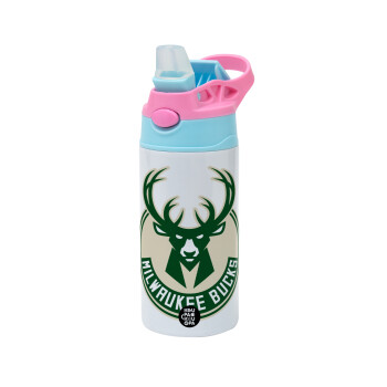 Milwaukee bucks, Children's hot water bottle, stainless steel, with safety straw, Pink/BlueCiel (360ml) BPA FREE