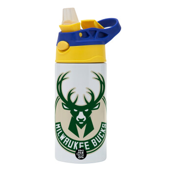 Milwaukee bucks, Children's hot water bottle, stainless steel, with safety straw, green, blue (360ml) BPA FREE