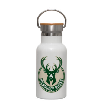 Milwaukee bucks, Μεταλλικό παγούρι θερμός (Stainless steel) Λευκό με ξύλινο καπακι (bamboo), διπλού τοιχώματος, 350ml