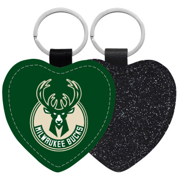 Milwaukee bucks, Μπρελόκ PU δερμάτινο glitter καρδιά ΜΑΥΡΟ