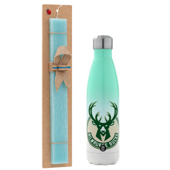 Milwaukee bucks, Easter Set, Metallic green/white thermos (Stainless steel), double-walled, 500ml & scented flat Easter candle (30cm) (TURQUOISE)