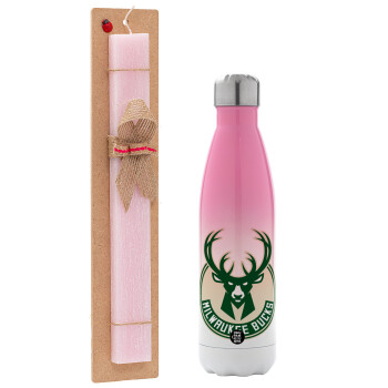 Milwaukee bucks, Easter Set, Metallic pink/white (Stainless steel) thermos, double-walled, 500ml & aromatic flat Easter candle (30cm) (PINK)