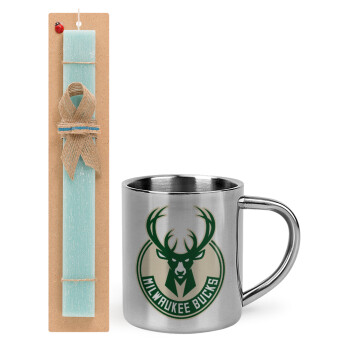 Milwaukee bucks, Easter Set, metallic thermal cup (300ml) & aromatic flat Easter candle (30cm) (TURQUOISE)