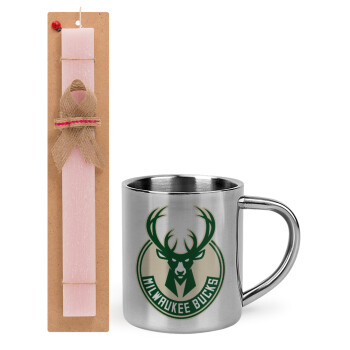 Milwaukee bucks, Easter Set, metallic thermal cup (300ml) & aromatic flat Easter candle (30cm) (PINK)