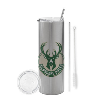 Milwaukee bucks, Eco friendly stainless steel Silver tumbler 600ml, with metal straw & cleaning brush