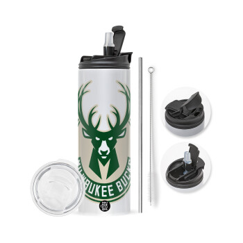 Milwaukee bucks, Travel Tumbler θερμό με διπλό καπάκι, μεταλλικό καλαμάκι και βούρτσα καθαρισμού (Ανωξείδωτο 304 Food grade, BPA free, 600ml)