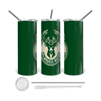 Milwaukee bucks, 360 Eco friendly ποτήρι θερμό (tumbler) από ανοξείδωτο ατσάλι 600ml, με μεταλλικό καλαμάκι & βούρτσα καθαρισμού