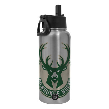 Milwaukee bucks, Μεταλλικό παγούρι θερμός Silver με καλαμάκι και χερούλι (Stainless steel), διπλού τοιχώματος, 950ml