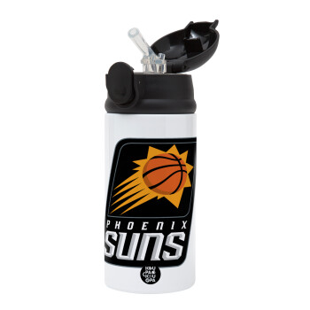 Phoenix Suns, Children's hot water bottle, stainless steel, with safety straw, Black (360ml) BPA-FREE