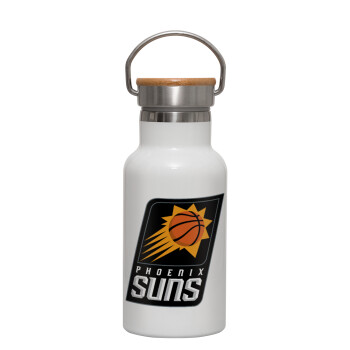 Phoenix Suns, Metallic thermos (Stainless steel) White with wooden lid (bamboo), double-walled, 350ml