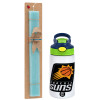 Easter Set, Children's thermal stainless steel bottle with safety straw, green/blue (350ml) & aromatic flat Easter candle (30cm) (TURQUOISE)