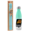 Easter Set, Metallic green/white thermos (Stainless steel), double-walled, 500ml & scented flat Easter candle (30cm) (TURQUOISE)