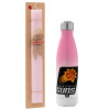 Easter Set, Metallic pink/white (Stainless steel) thermos, double-walled, 500ml & aromatic flat Easter candle (30cm) (PINK)