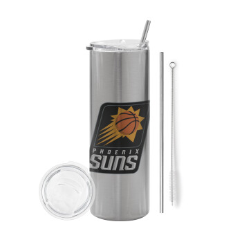 Phoenix Suns, Eco friendly stainless steel Silver tumbler 600ml, with metal straw & cleaning brush