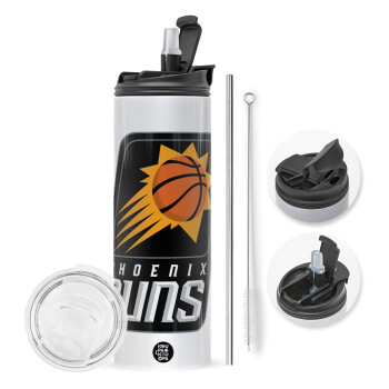 Phoenix Suns, Travel Tumbler θερμό με διπλό καπάκι, μεταλλικό καλαμάκι και βούρτσα καθαρισμού (Ανωξείδωτο 304 Food grade, BPA free, 600ml)