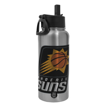 Phoenix Suns, Metal mug thermo Silver with Straw and Spout Lid (Stainless steel), double wall, 950ml