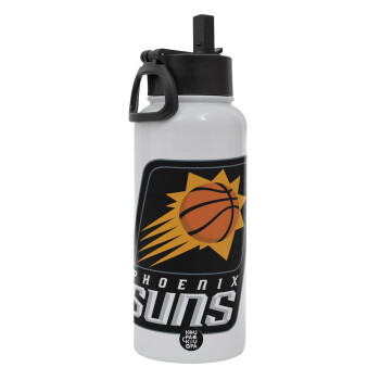 Phoenix Suns, Metal mug thermo White with Straw and Spout Lid (Stainless steel), double wall, 950ml