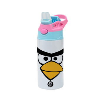 Angry birds eyes, Children's hot water bottle, stainless steel, with safety straw, Pink/BlueCiel (360ml) BPA FREE