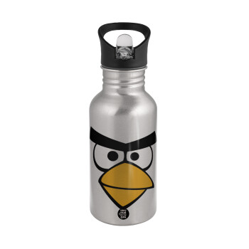 Angry birds eyes, Water bottle Silver with straw, stainless steel 500ml
