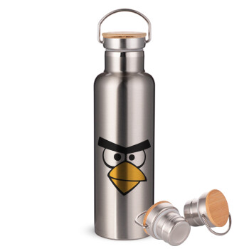 Angry birds eyes, Μεταλλικό παγούρι θερμός (Stainless steel) Ασημένιο με ξύλινο καπακι (bamboo), διπλού τοιχώματος, 750ml