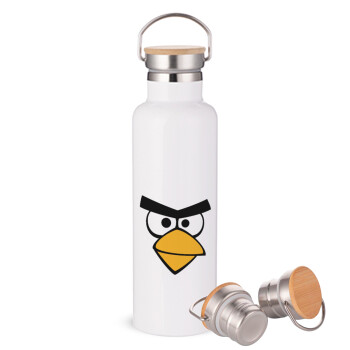 Angry birds eyes, Stainless steel White with wooden lid (bamboo), double wall, 750ml