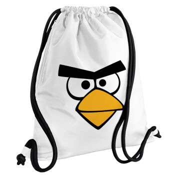 Angry birds eyes, Τσάντα πλάτης πουγκί GYMBAG λευκή, με τσέπη (40x48cm) & χονδρά κορδόνια